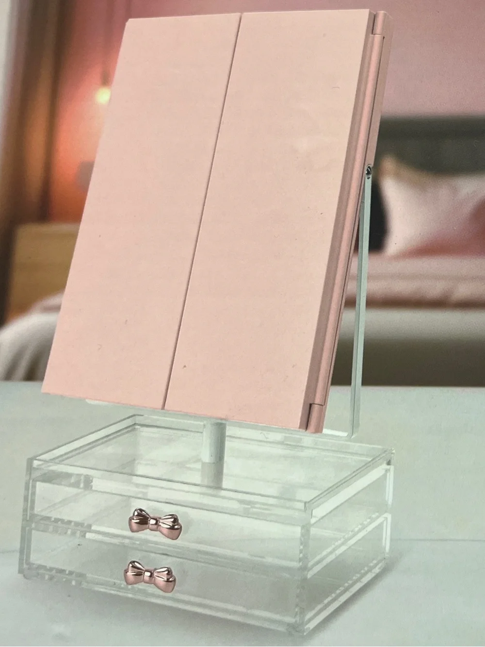 Pink LED Vanity Trifold Mirror w/ 5x/7x Magnification + 2 Clear Storage Drawers